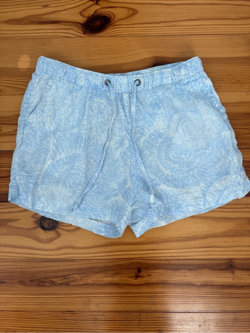 Light Blue Coastal Shell Women's Drawstring 100% Linen Shorts C&C Cali Med EUC